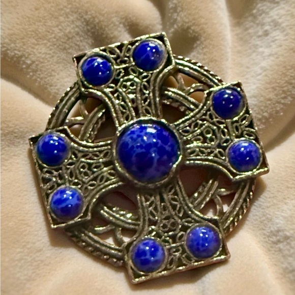 Vintage Silver Tone Celtic Cross 1.25" Irish Pin Pendant Combo Glass Cabochons - Picture 4 of 8